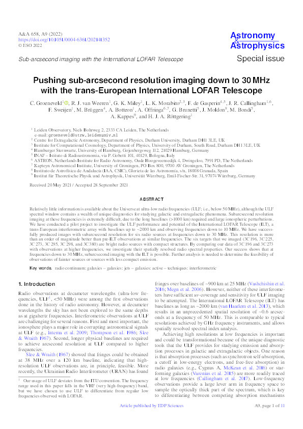 Pushing sub-arcsecond resolution imaging down to 30 MHz with the trans-European International LOFAR Telescope Thumbnail