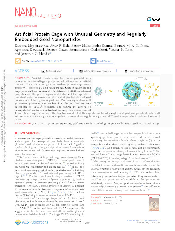 Artificial Protein Cage with Unusual Geometry and Regularly Embedded Gold Nanoparticles Thumbnail
