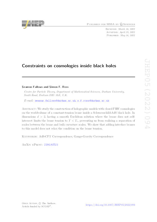 Constraints on cosmologies inside black holes Thumbnail