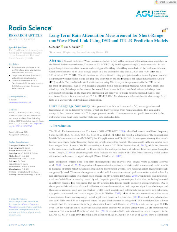 Long‐Term Rain Attenuation Measurement for Short‐Range mmWave Fixed Link Using DSD and ITU‐R Prediction Models Thumbnail