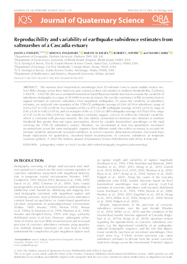 Reproducibility and variability of earthquake subsidence estimates from saltmarshes of a Cascadia estuary Thumbnail