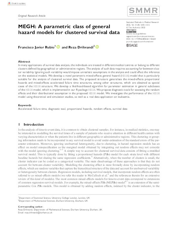 MEGH: A parametric class of general hazard models for clustered survival data Thumbnail