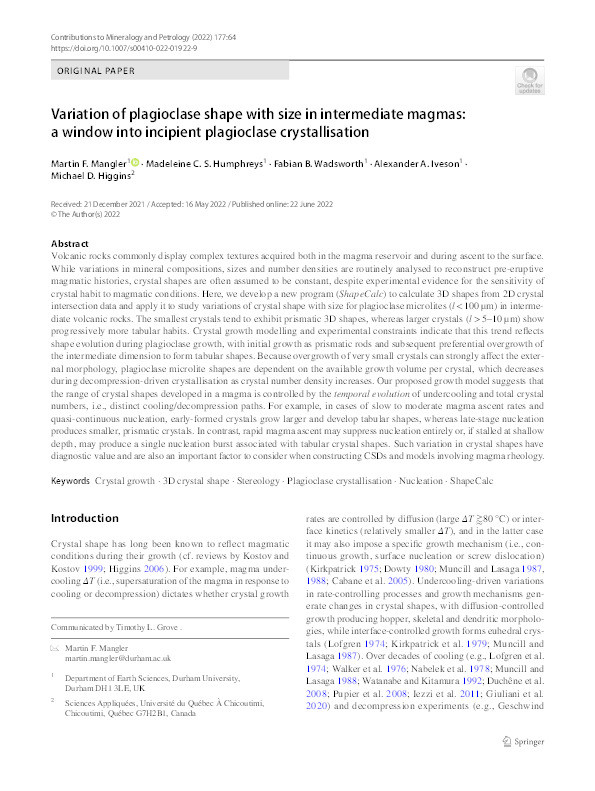 Variation of plagioclase shape with size in intermediate magmas: a window into incipient plagioclase crystallisation Thumbnail