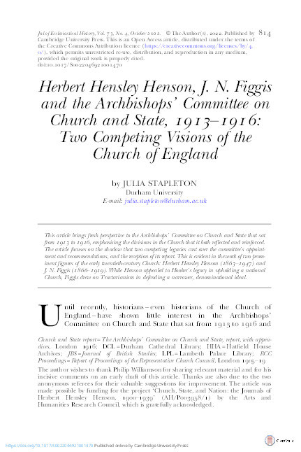 Herbert Hensley Henson, J. N. Figgis and the Archbishops’ Committee on Church and State, 1913–1916: Two Competing Visions of the Church of England Thumbnail