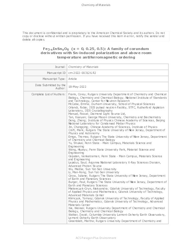 Fe3-xInSnxO6 (x = 0, 0.25, 0.5): A family of corundum derivatives with Sn-induced polarization and above room temperature antiferromagnetic ordering Thumbnail