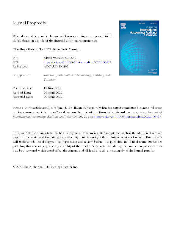 When does audit committee busyness influence earnings management in the UK? Evidence on the role of the financial crisis and company size Thumbnail