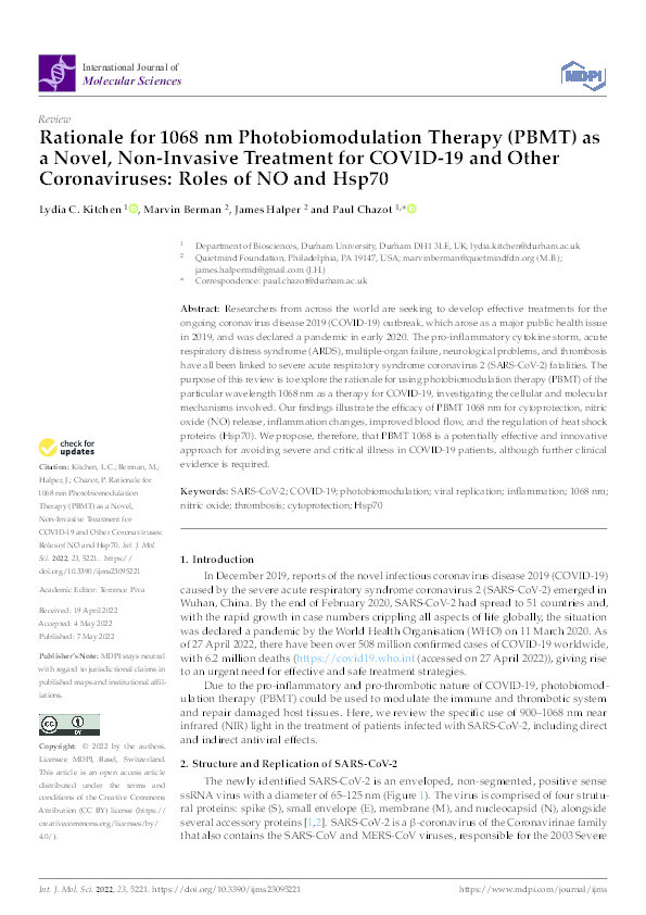 Rationale for 1068 nm Photobiomodulation Therapy (PBMT) as a Novel, Non-Invasive Treatment for COVID-19 and Other Coronaviruses: Roles of NO and Hsp70 Thumbnail