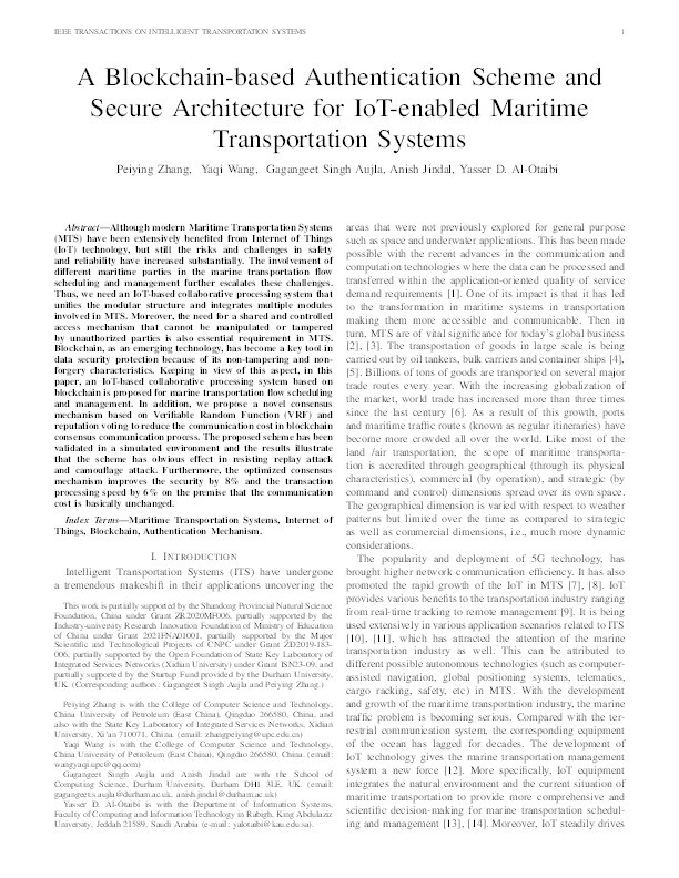 A Blockchain-Based Authentication Scheme and Secure Architecture for IoT-Enabled Maritime Transportation Systems Thumbnail