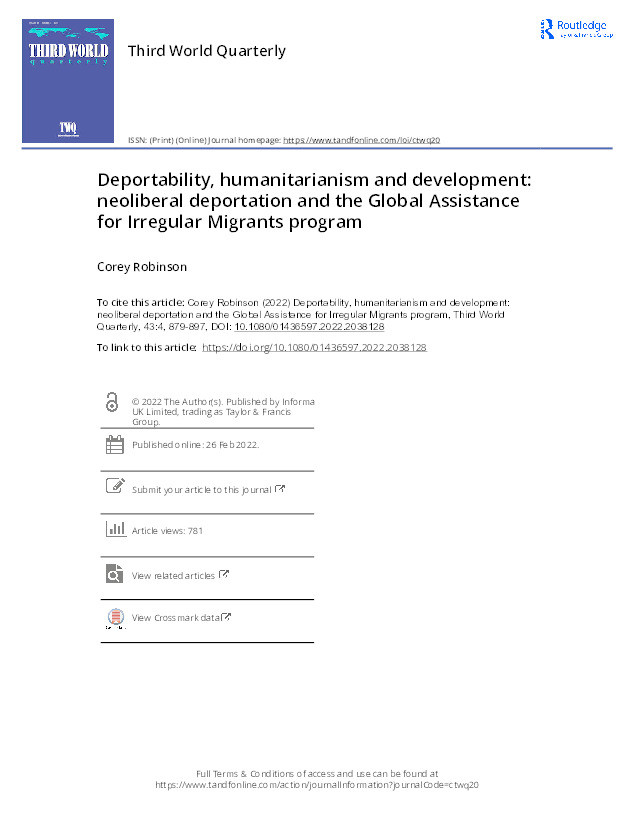 Deportability, humanitarianism and development: neoliberal deportation and the Global Assistance for Irregular Migrants program Thumbnail