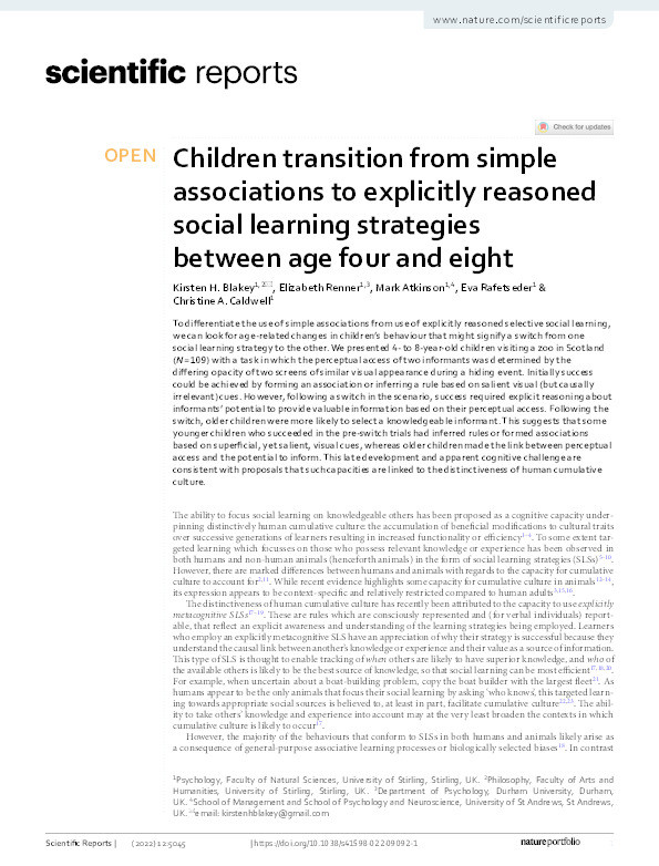 Children transition from simple associations to explicitly reasoned social learning strategies between age four and eight Thumbnail