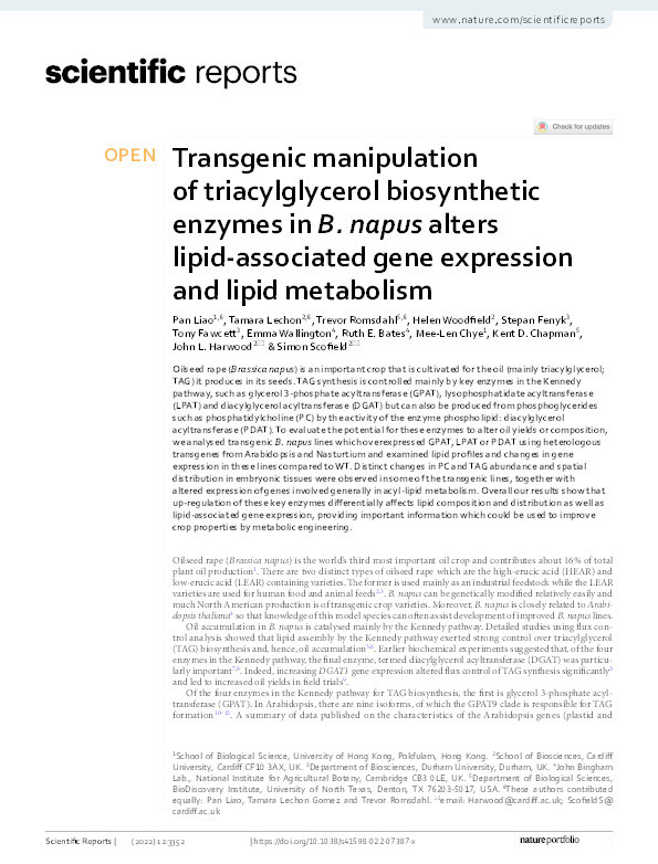Transgenic manipulation of triacylglycerol biosynthetic enzymes in B. napus alters lipid-associated gene expression and lipid metabolism Thumbnail