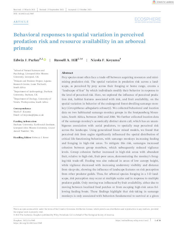 Behavioral responses to spatial variation in perceived predation risk and resource availability in an arboreal primate Thumbnail