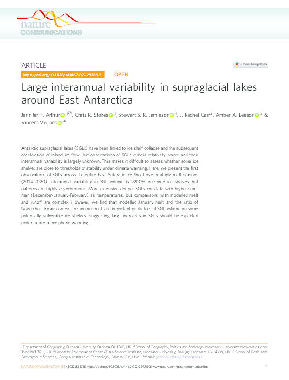 Large interannual variability in supraglacial lakes around East Antarctica Thumbnail