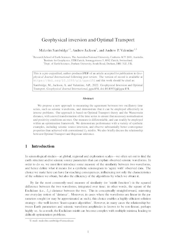 Geophysical inversion and optimal transport Thumbnail