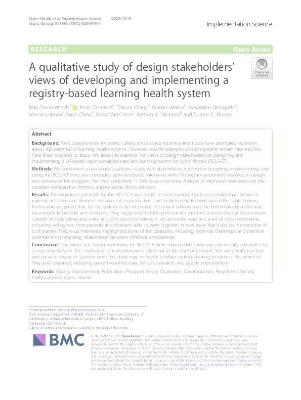 A qualitative study of design stakeholders’ views of developing and implementing a registry-based learning health system Thumbnail