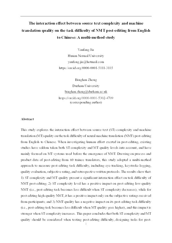 The interaction effect between source text complexity and machine translation quality on the task difficulty of NMT post-editing from English to Chinese: A multi-method study Thumbnail