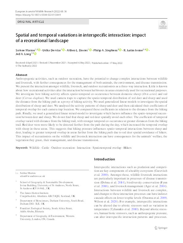 Spatial and temporal variation in interspecific interaction: impact of a recreational landscape Thumbnail