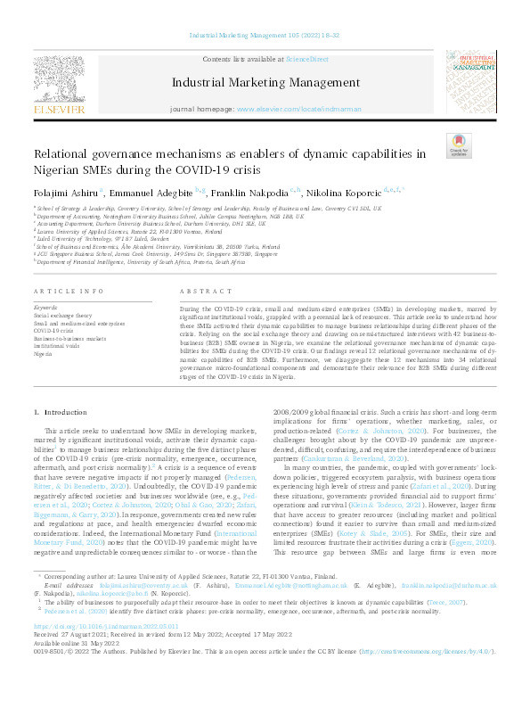 Relational governance mechanisms as enablers of dynamic capabilities in Nigerian SMEs during the COVID-19 crisis Thumbnail