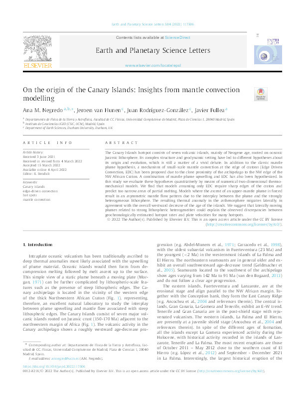 On the origin of the Canary Islands: Insights from mantle convection modelling Thumbnail