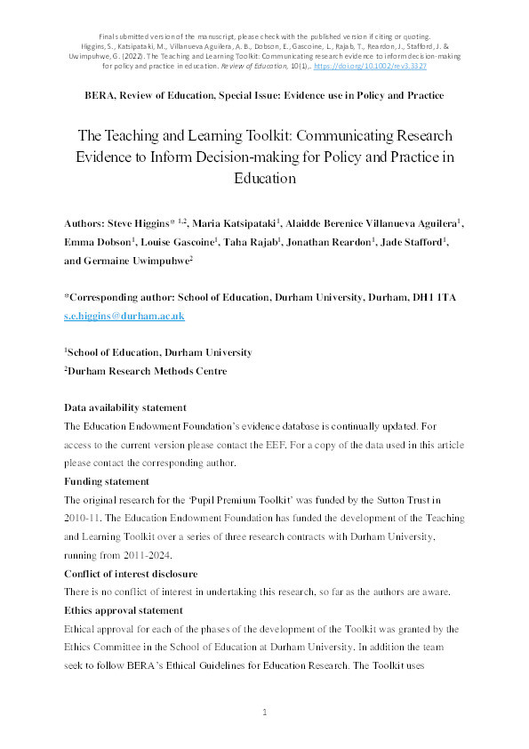 The Teaching and Learning Toolkit: Communicating research evidence to inform decision‐making for policy and practice in education Thumbnail