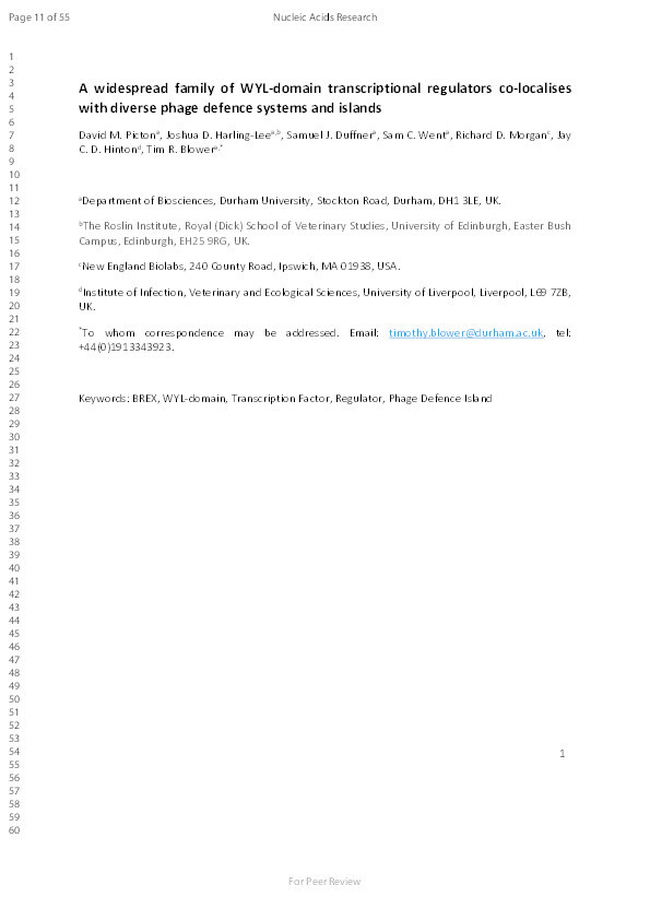 A widespread family of WYL-domain transcriptional regulators co-localises with diverse phage defence systems and islands Thumbnail