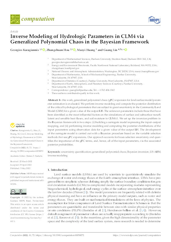 Inverse Modeling of Hydrologic Parameters in CLM4 via Generalized Polynomial Chaos in the Bayesian Framework Thumbnail