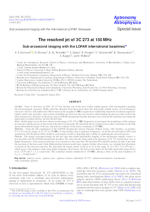The resolved jet of 3C 273 at 150 MHz: Sub-arcsecond imaging with the LOFAR international baselines Thumbnail