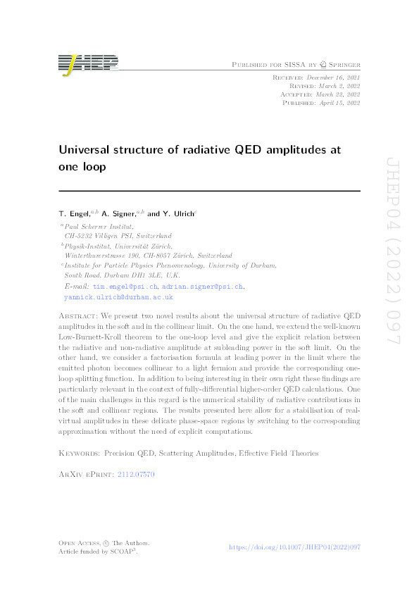 Universal structure of radiative QED amplitudes at one loop Thumbnail