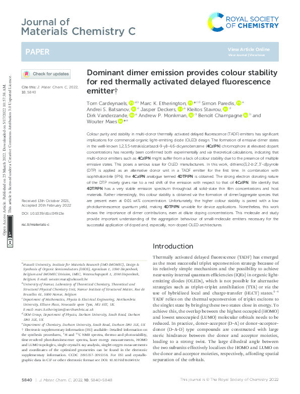 Dominant dimer emission provides colour stability for red thermally activated delayed fluorescence emitter Thumbnail