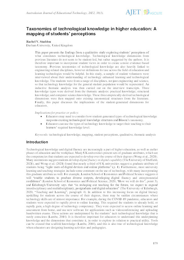 Taxonomies of technological knowledge in higher education: A mapping of students’ perceptions Thumbnail