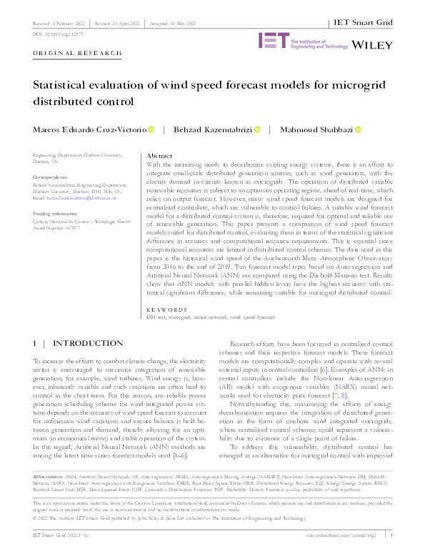 Statistical Evaluation of Wind Speed Forecast Models for Microgrid Distributed Control Thumbnail
