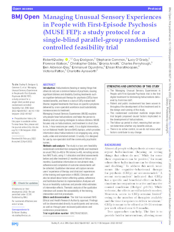 Managing Unusual Sensory Experiences in People with First-Episode Psychosis (MUSE FEP): a study protocol for a single-blind parallel-group randomised controlled feasibility trial Thumbnail