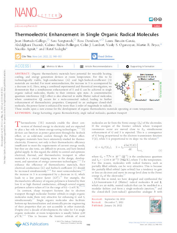 Thermoelectric Enhancement in Single Organic Radical Molecules Thumbnail