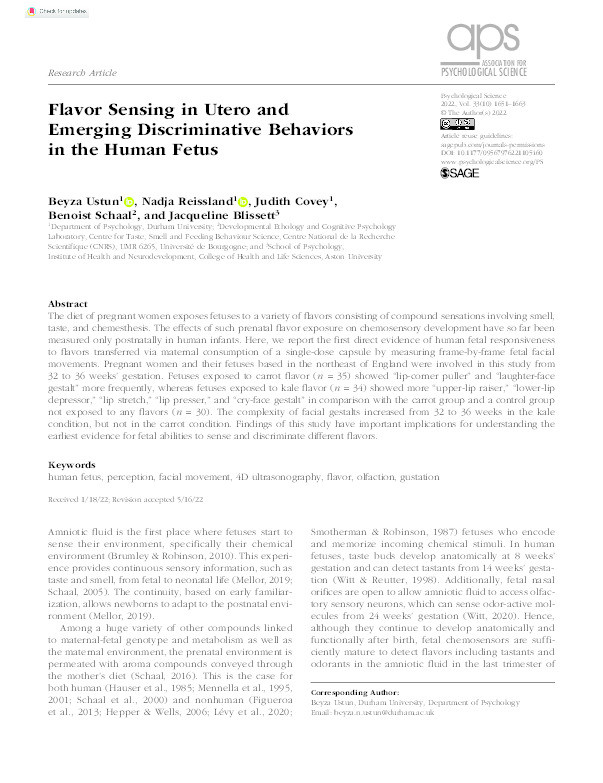 Flavor Sensing in Utero and Emerging Discriminative Behaviours in the Human Fetus Thumbnail