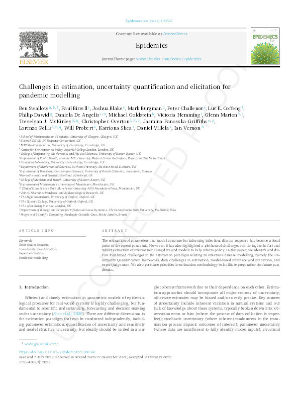 Challenges in estimation, uncertainty quantification and elicitation for pandemic modelling Thumbnail