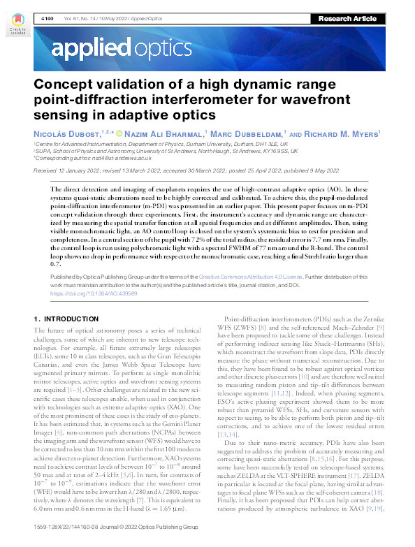 Concept validation of a high dynamic range point-diffraction interferometer for wavefront sensing in adaptive optics Thumbnail