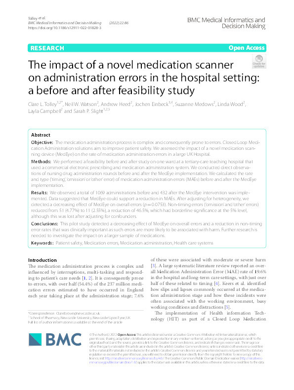 The impact of a novel medication scanner on administration errors in the hospital setting: a before and after feasibility study Thumbnail
