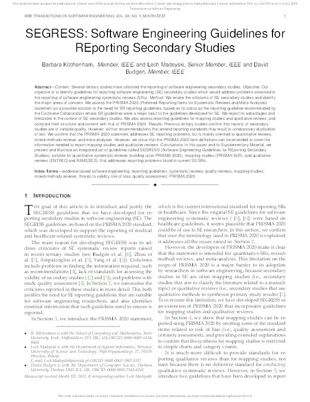 SEGRESS: Software Engineering Guidelines for REporting Secondary Studies Thumbnail