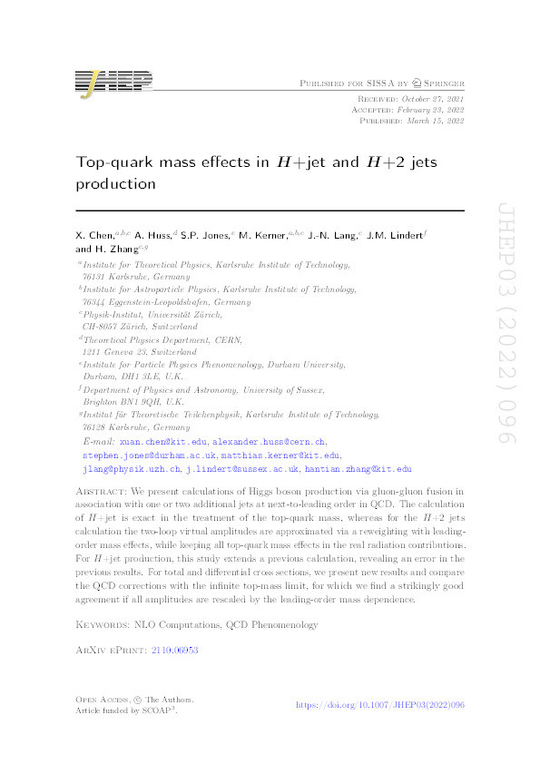 Top-quark mass effects in H+jet and H+2 jets production Thumbnail