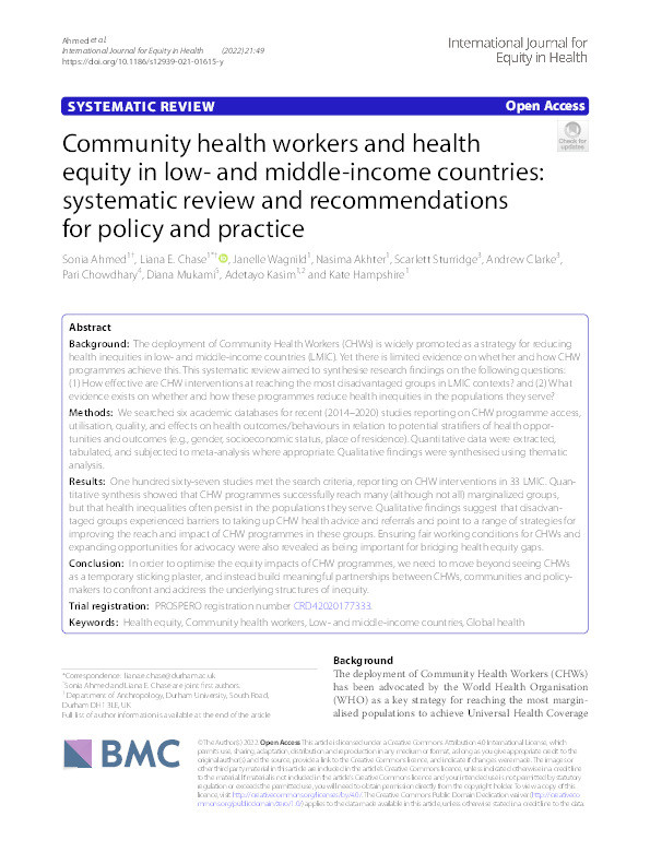 Community health workers and health equity in low- and middle-income countries: systematic review and recommendations for policy and practice Thumbnail