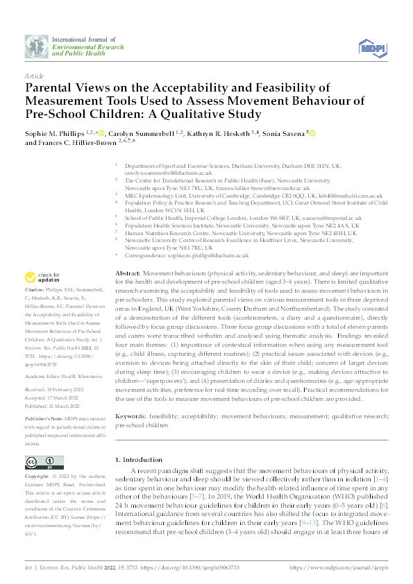 Parental Views on the Acceptability and Feasibility of Measurement Tools Used to Assess Movement Behaviour of Pre-School Children: A Qualitative Study Thumbnail
