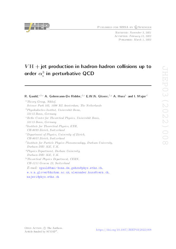 VH + jet production in hadron-hadron collisions up to order α3s in perturbative QCD Thumbnail
