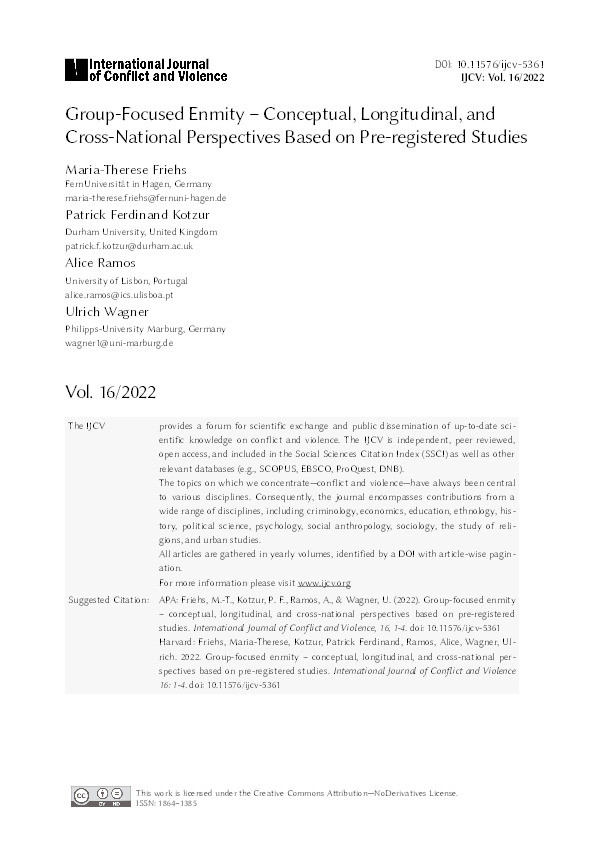 Editorial: Group-Focused Enmity – conceptual, longitudinal, and cross-national perspectives based on pre-registered studies Thumbnail