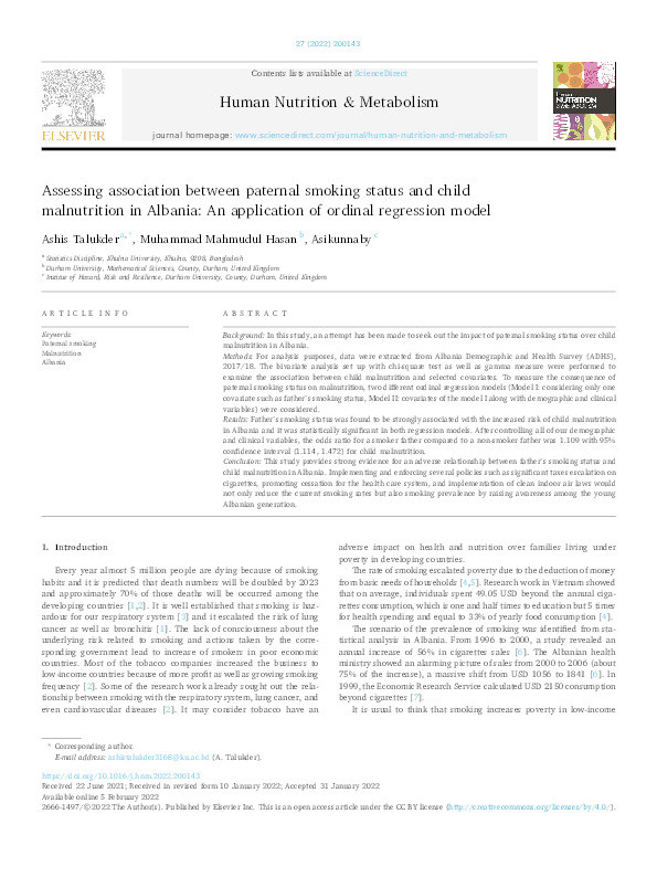 Assessing association between paternal smoking status and child malnutrition in Albania: An application of ordinal regression model Thumbnail