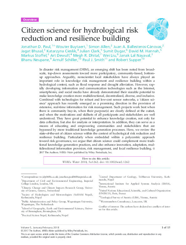 Citizen science for hydrological risk reduction and resilience building Thumbnail