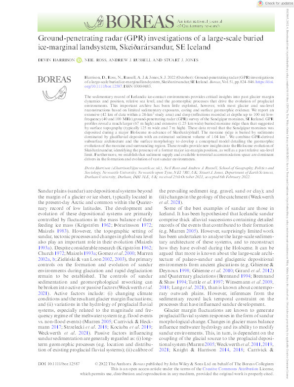 Ground‐penetrating radar (GPR) investigations of a large‐scale buried ice‐marginal landsystem, Skeiðarársandur, SE Iceland Thumbnail