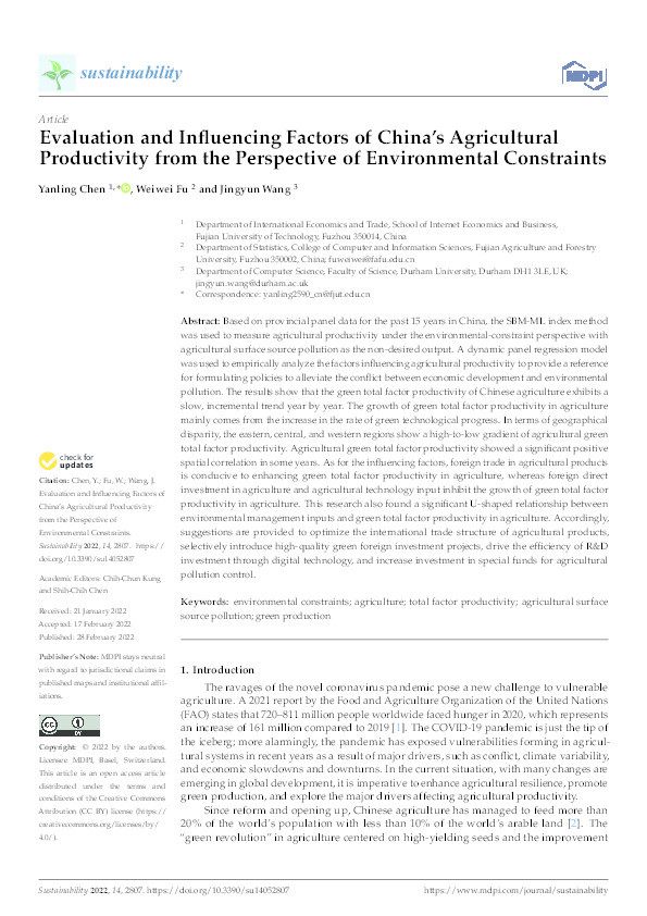 Evaluation and Influencing Factors of China’s Agricultural Productivity from the Perspective of Environmental Constraints Thumbnail