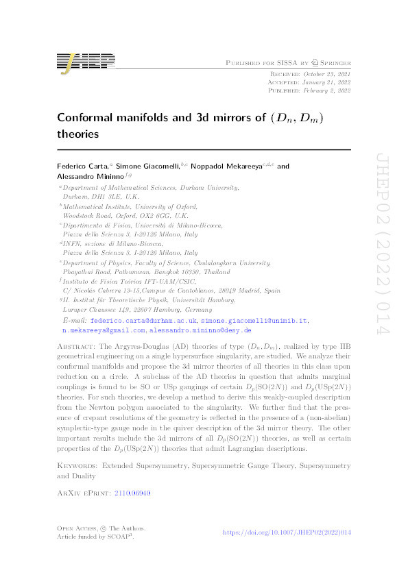 Conformal manifolds and 3d mirrors of (Dn, Dm) theories Thumbnail