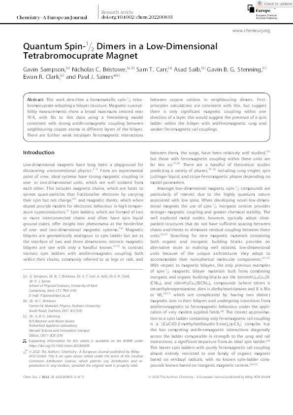 Quantum Spin 1/2 Dimers in a Low Dimensional Tetrabromocuprate Magnet Thumbnail