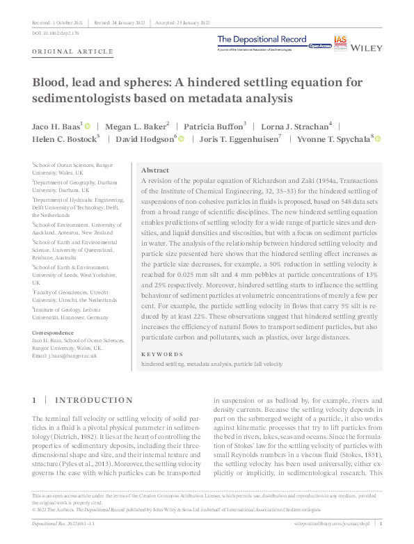 Blood, lead and spheres: A hindered settling equation for sedimentologists based on metadata analysis Thumbnail